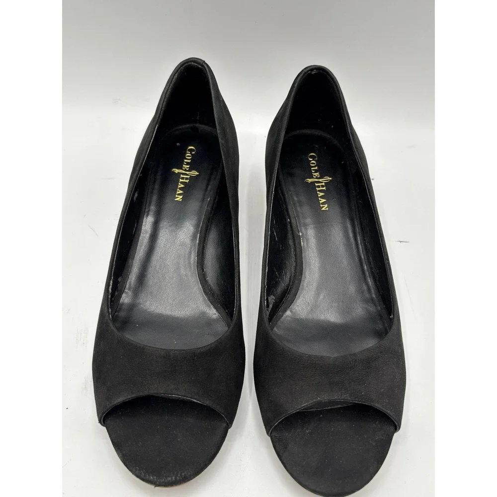 Cole Haan Women's Black Suede Peep Toe Cork Wedge Pumps Classic Dress Shoes